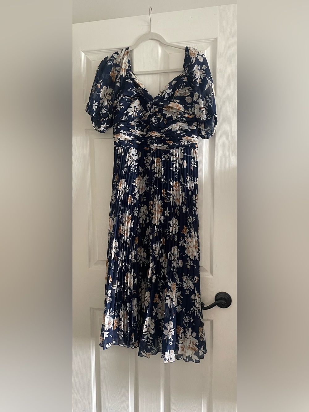 Abercrombie & Fitch Navy Floral Midi Dress with Puff Sleeves